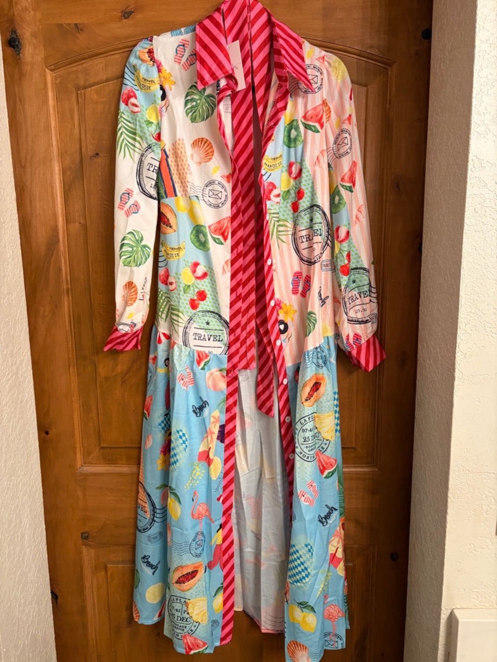 Tropical Print Long Swim Coverup with Pink Trim